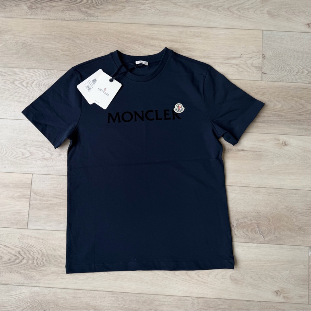 Moncler Men's Navy Blue Flocked Logo T-Shirt — Luxury Designer Tee